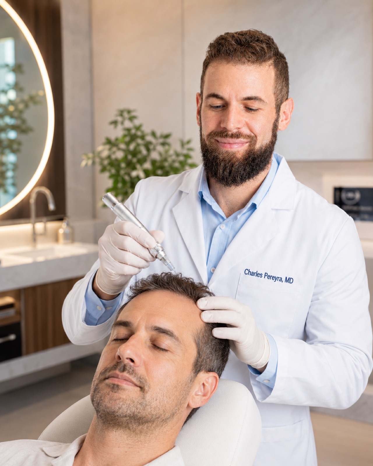 Dr. Charles Pereyra, MD performing a regenerative hair restoration procedure at Springs Rejuvenation in Miami