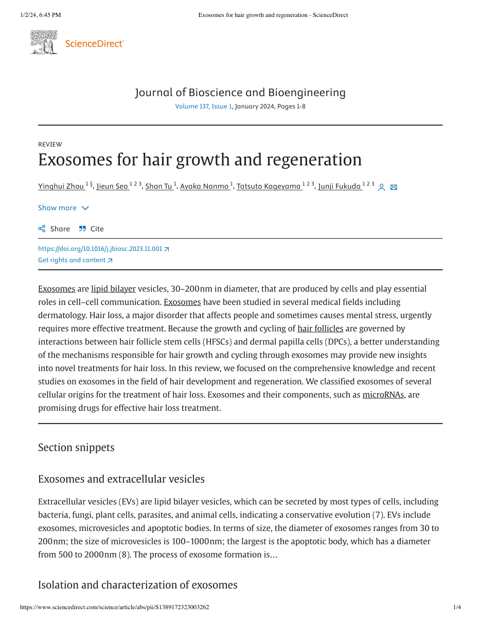 Exosomes for hair growth and regeneration