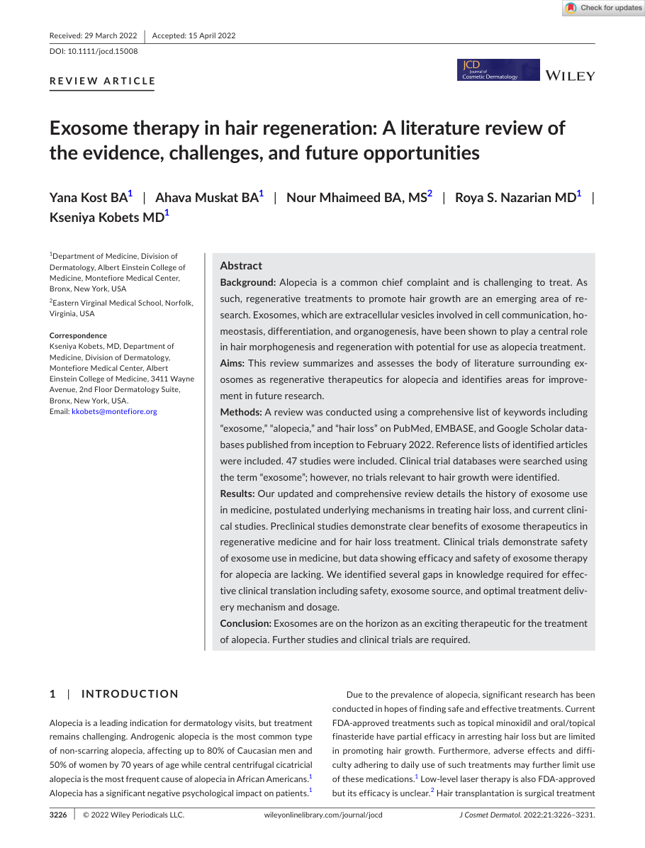 Exosome therapy in hair regeneration: A literature review of the evidence