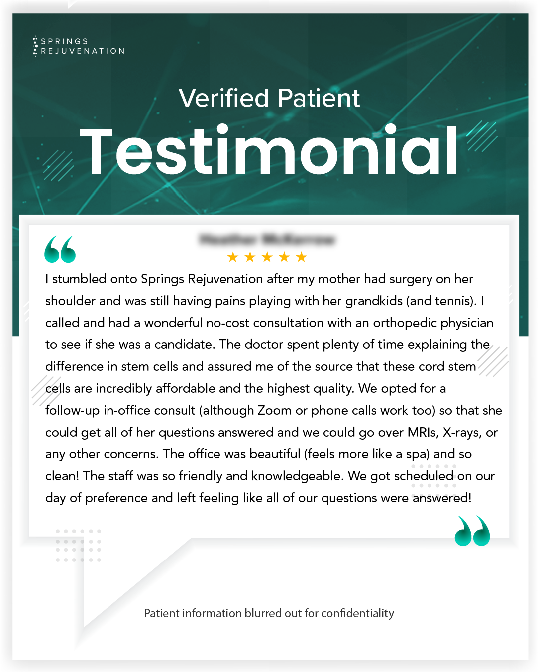 Verified patient testimonial, name blurred for confidentiality