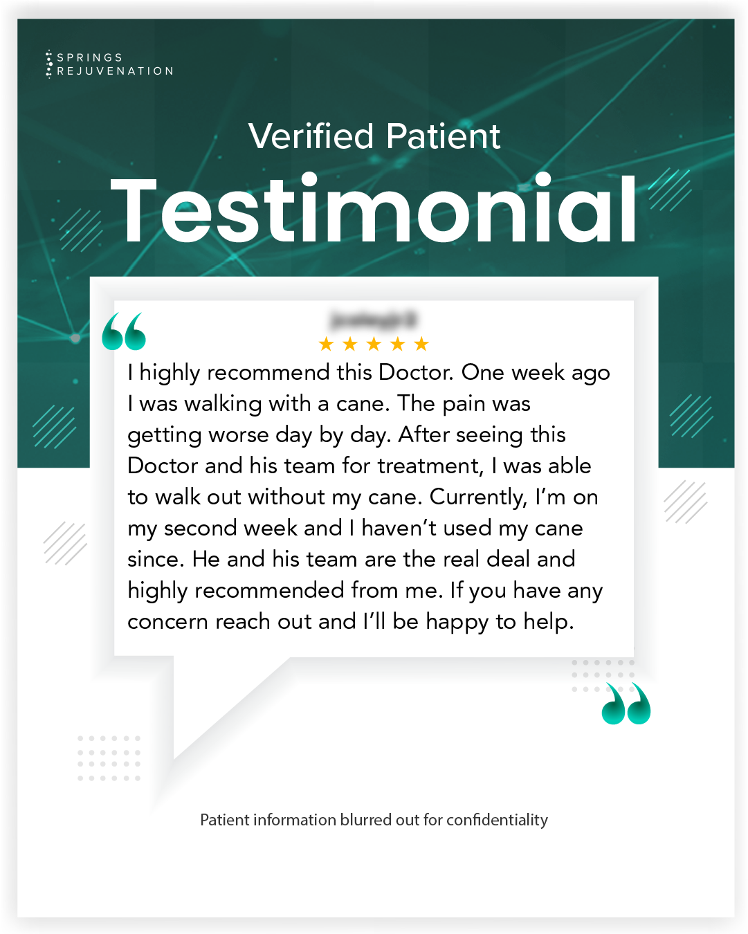 Verified patient testimonial, name blurred for confidentiality