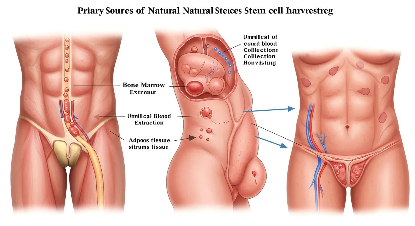 Primary sources of natural stem cells including bone marrow, umbilical cord blood, and adipose tissue