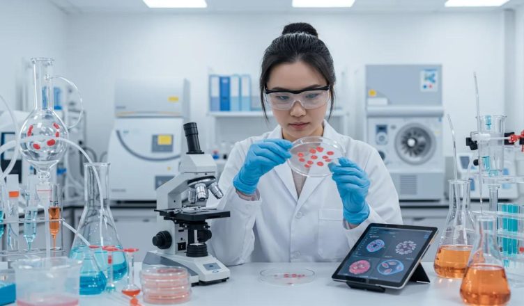 Natural and lab-grown stem cells in a laboratory setting with a scientist examining cultures