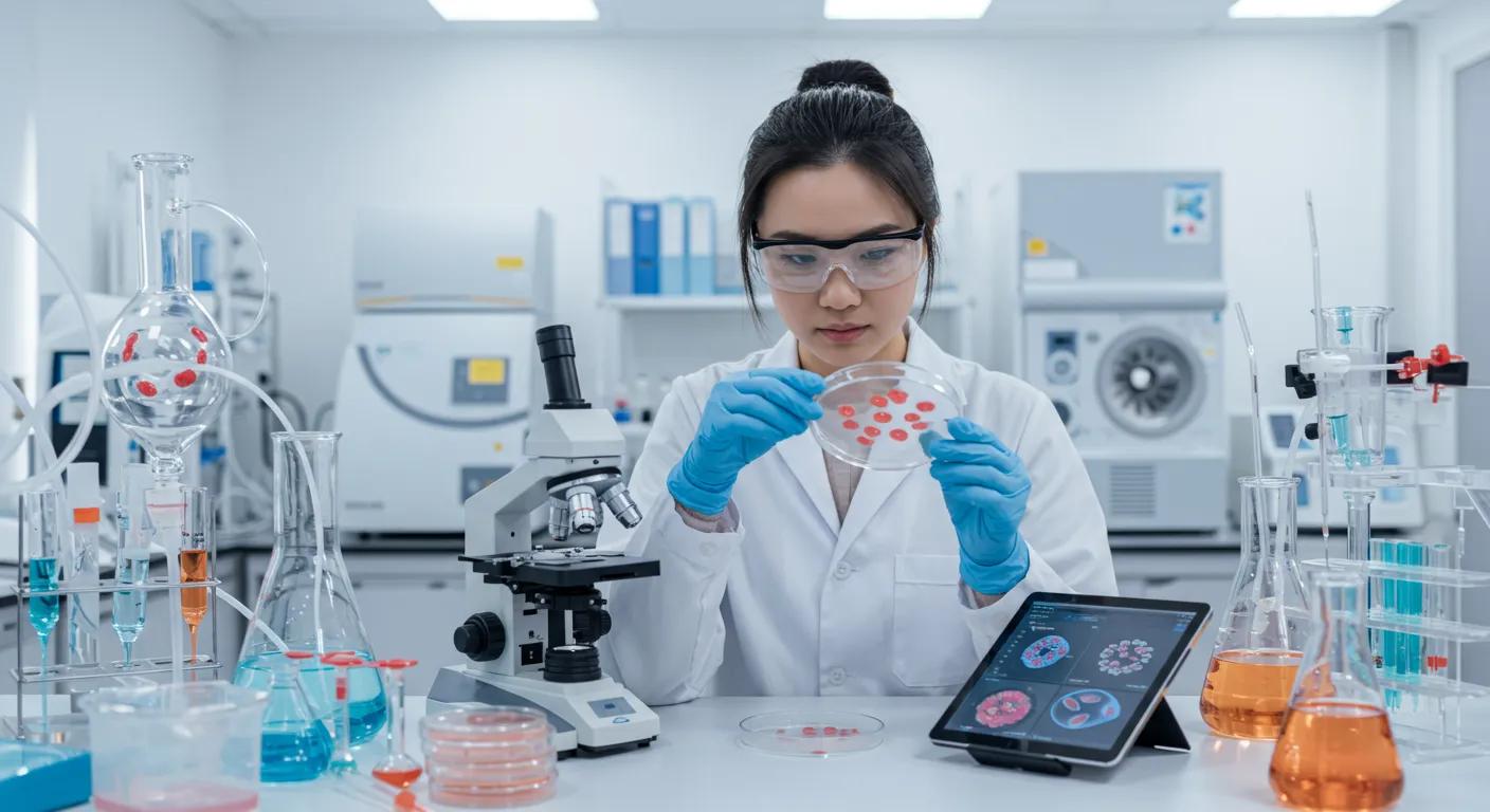 Natural and lab-grown stem cells in a laboratory setting with a scientist examining cultures
