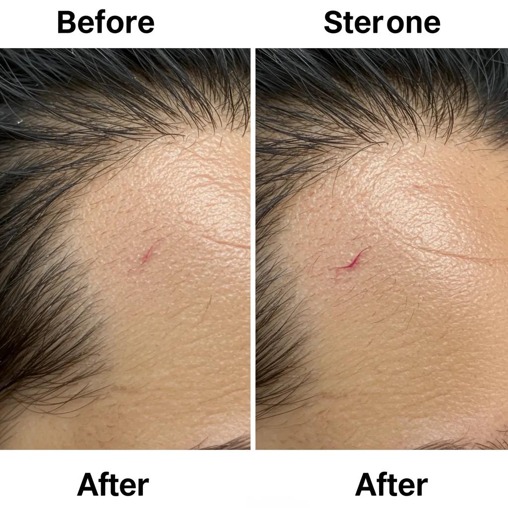 Before-and-after comparison of scalp showing hair growth from stem cell microneedling treatment