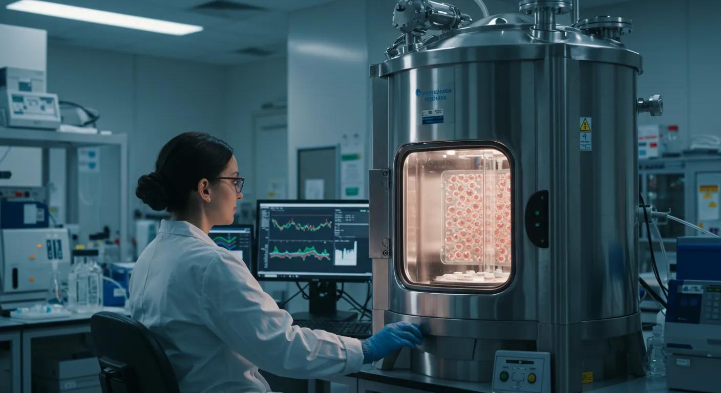 The process of creating lab-grown stem cells in a bioreactor with a scientist monitoring growth