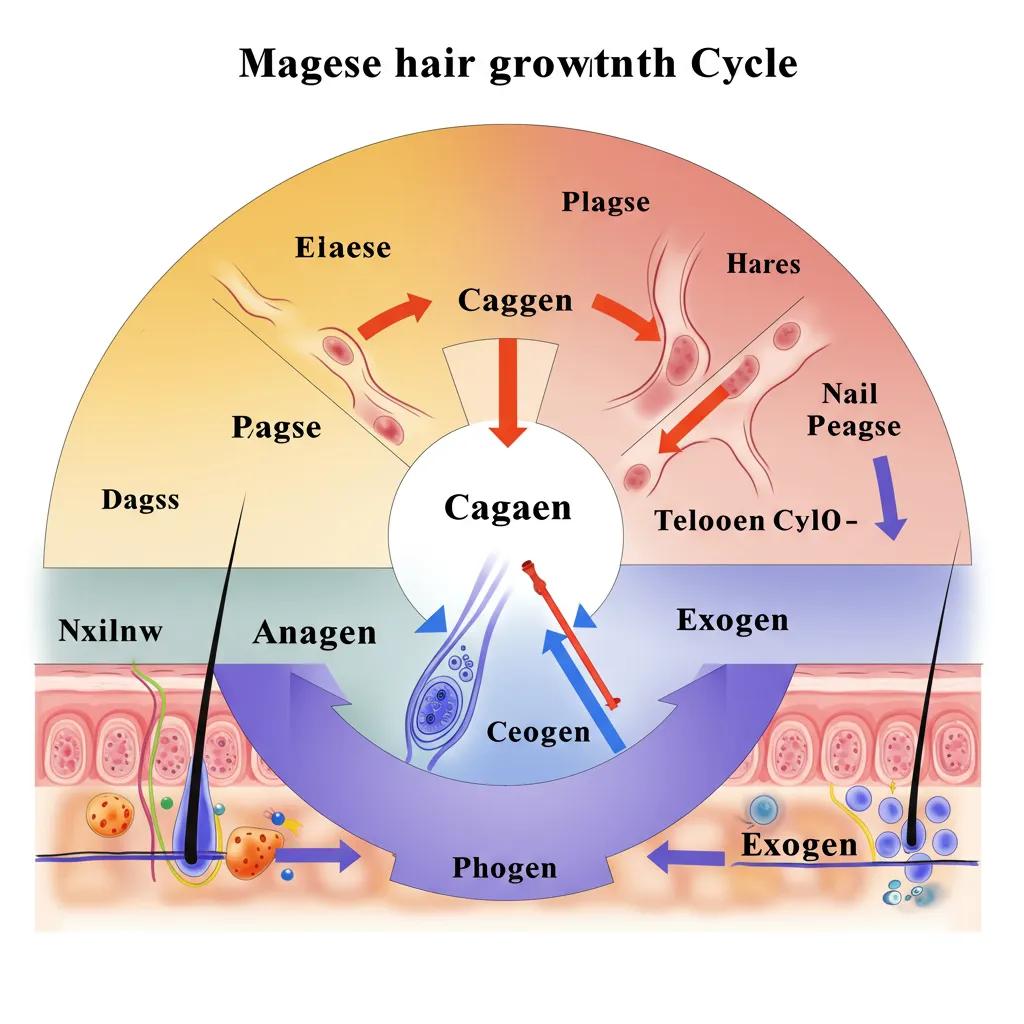 Illustration of the four phases of the hair growth cycle: anagen, catagen, telogen, and exogen, highlighting their distinct characteristics