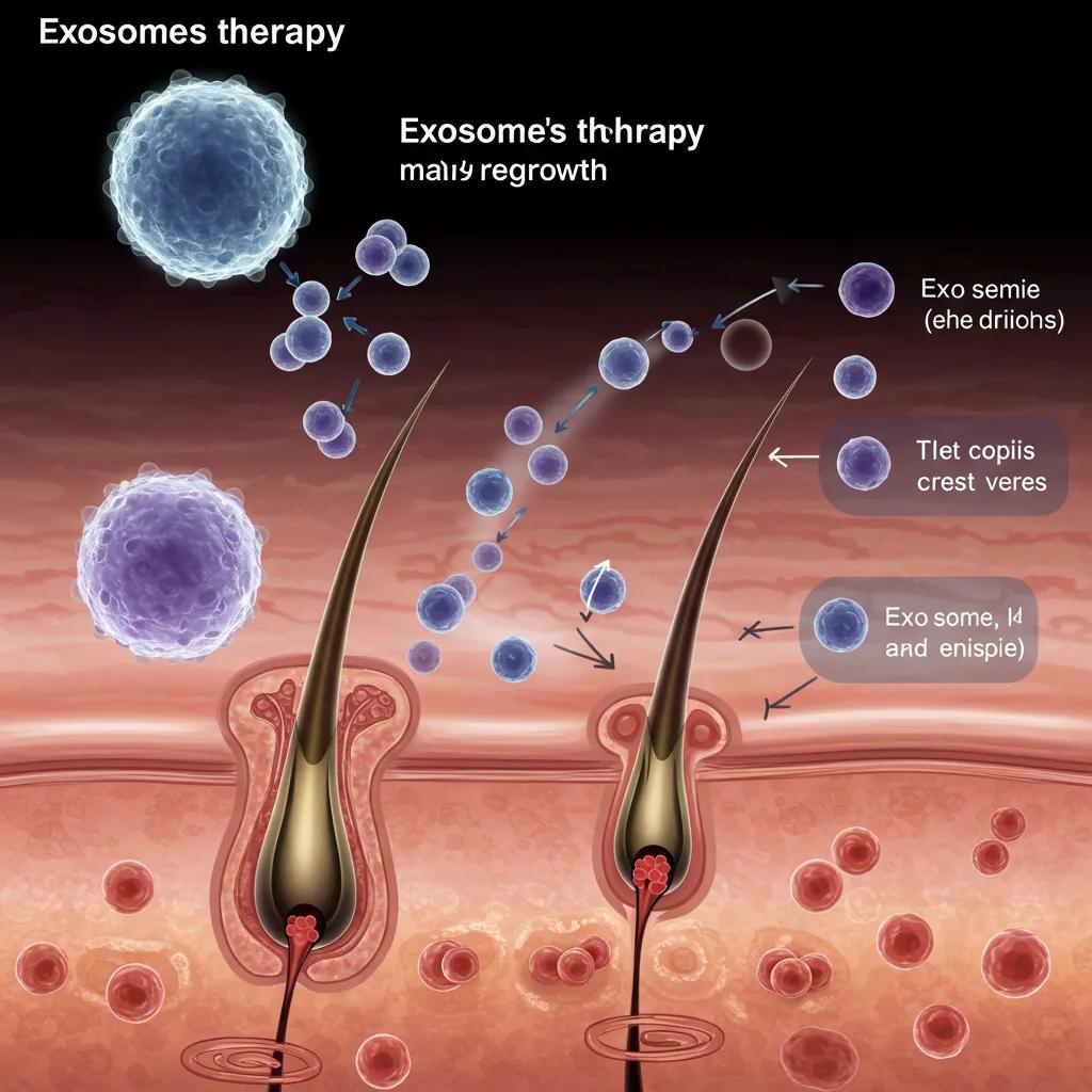 Representation of exosome therapy for hair regrowth, illustrating the delivery of exosomes to hair follicles