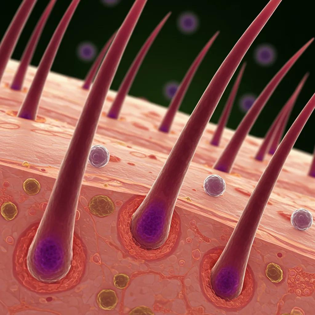 Close-up of healthy hair follicles under a microscope illustrating the role of adipose-derived stem cells in hair growth