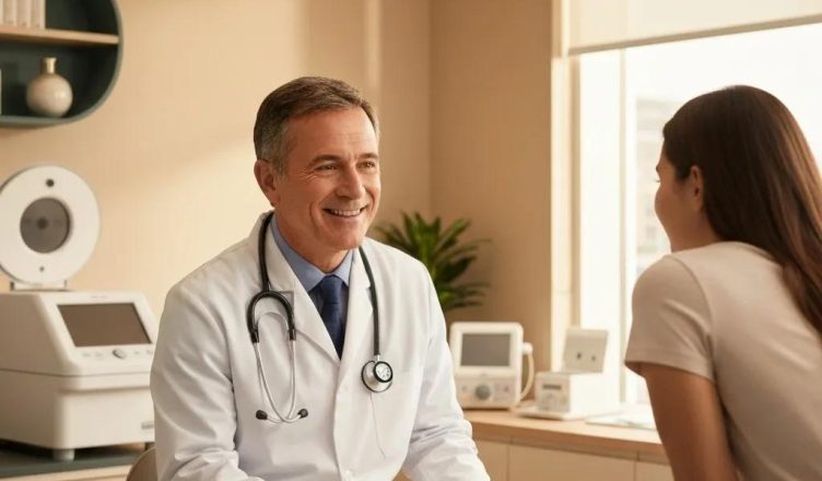 Healthcare professional explaining stem cell therapy to a patient in a modern clinic