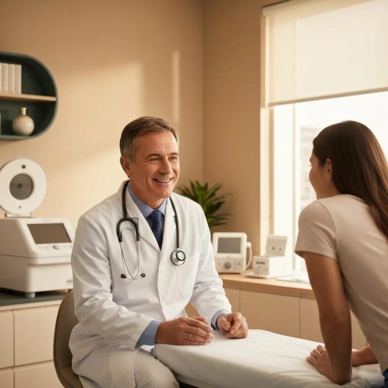 Healthcare professional explaining stem cell therapy to a patient in a modern clinic