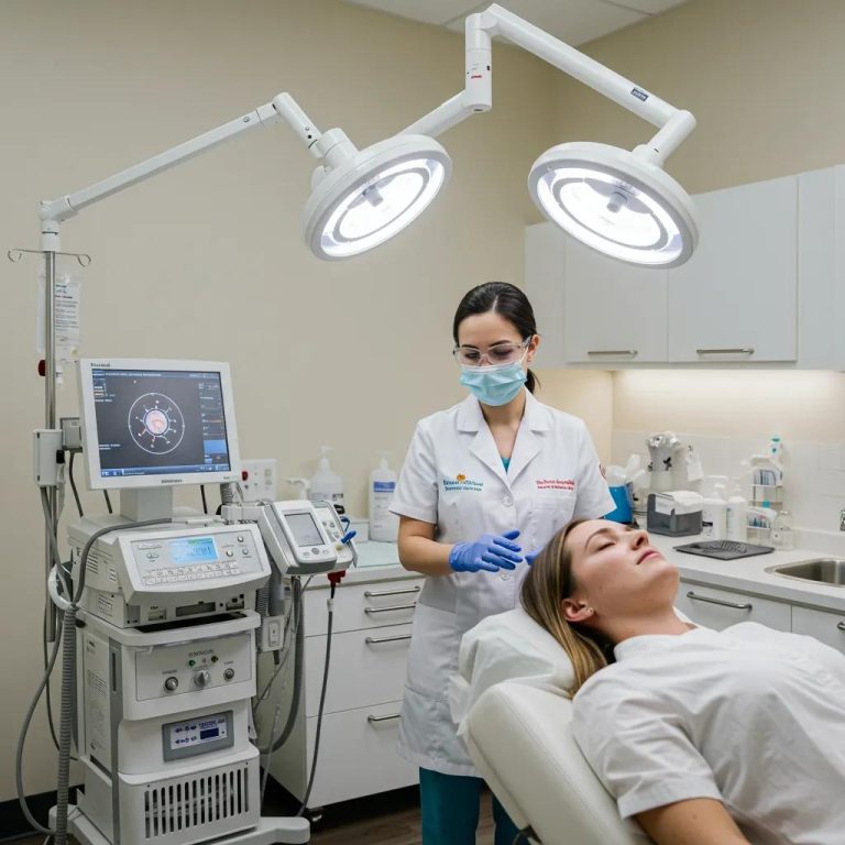 Patient receiving adipose stem cell therapy for hair restoration in a serene clinic environment