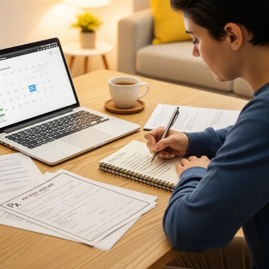 Patient preparing for a doctor's appointment with notes and medical documents